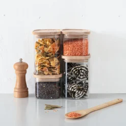 Voorraadpotten met houten deksel 4-delig Five®