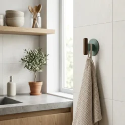 Zelfklevend handdoekhaakje metaal/hout 2 stuks Five® Cassie