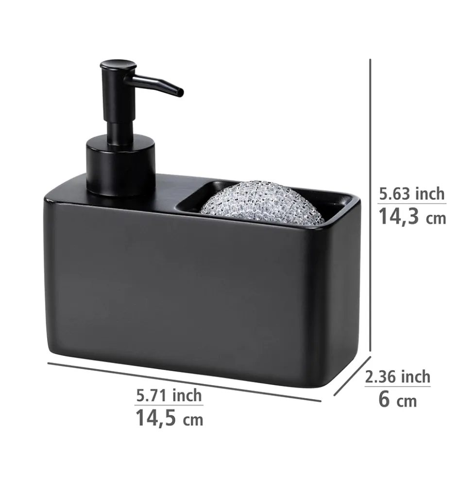 Zwarte zeepdispenser met sponshouder Wenko