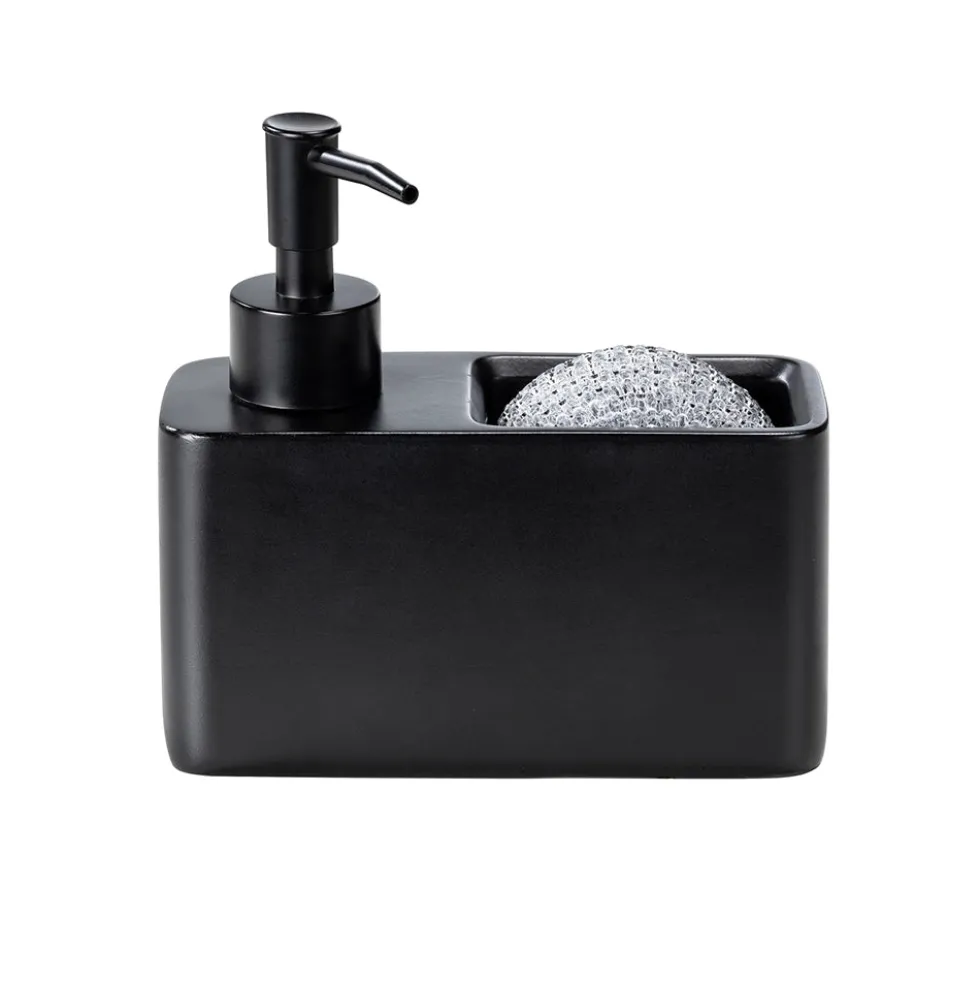 Zwarte zeepdispenser met sponshouder Wenko