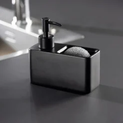 Zwarte zeepdispenser met sponshouder Wenko