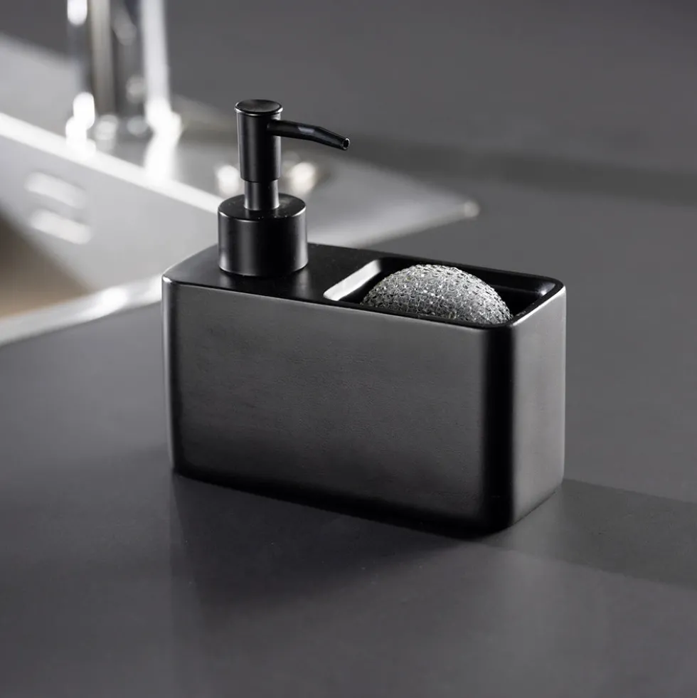 Zwarte zeepdispenser met sponshouder Wenko
