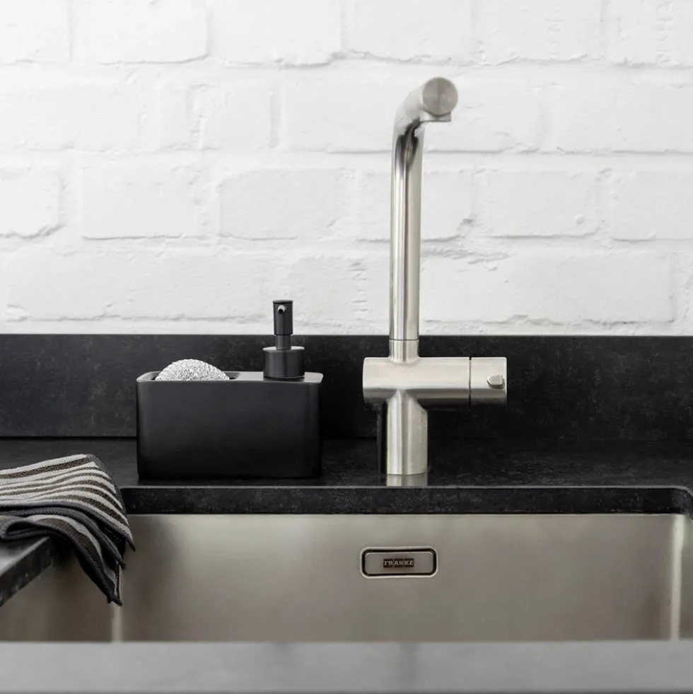 Zwarte zeepdispenser met sponshouder Wenko