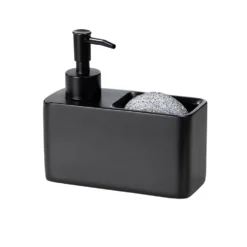 Zwarte zeepdispenser met sponshouder Wenko
