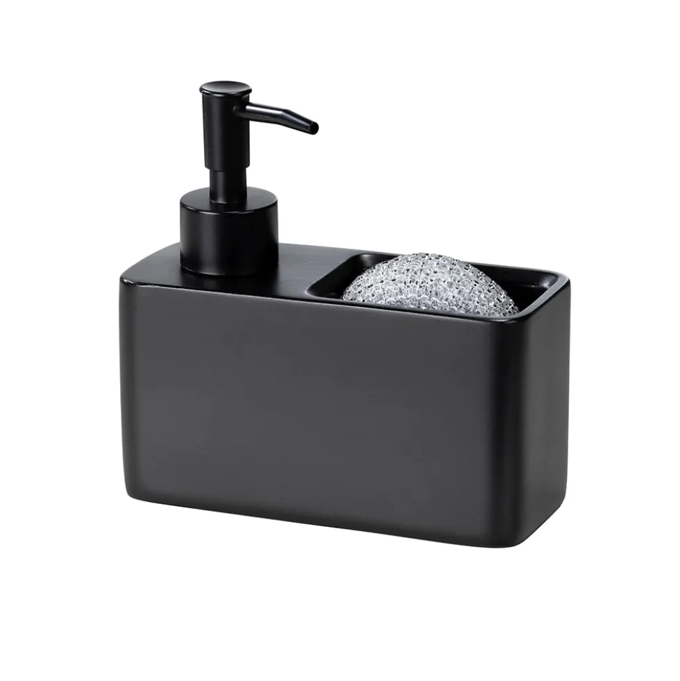 Zwarte zeepdispenser met sponshouder Wenko